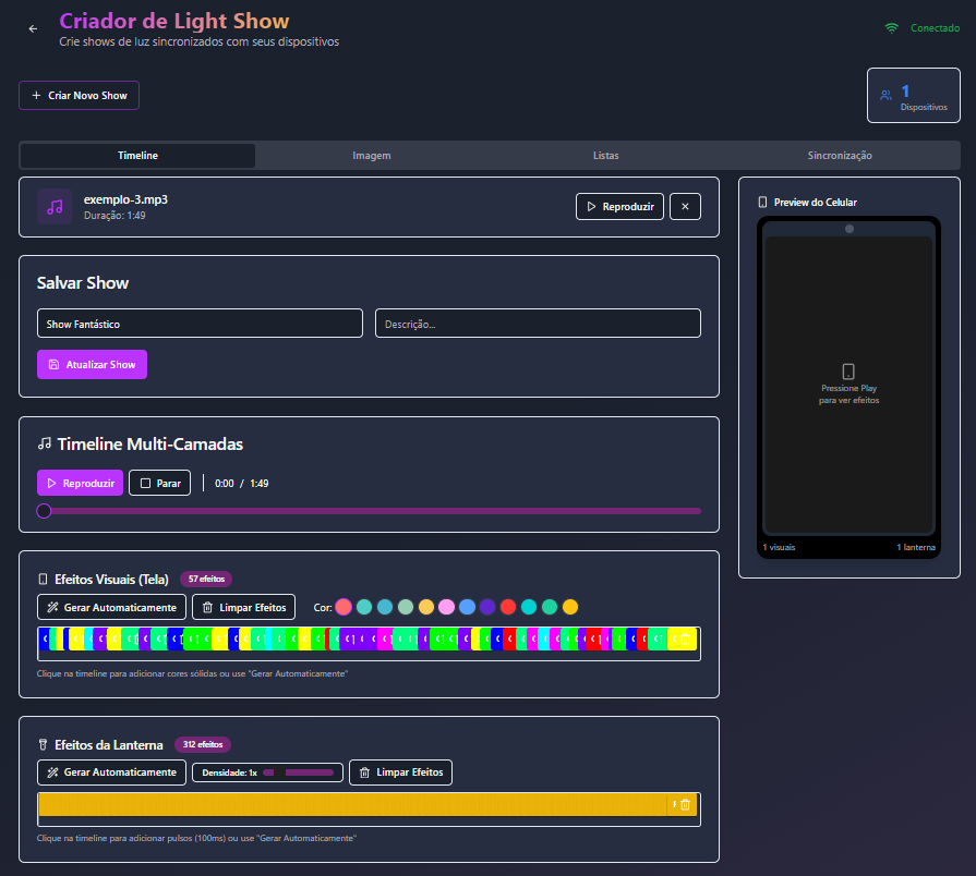Tela de controle do Light Show